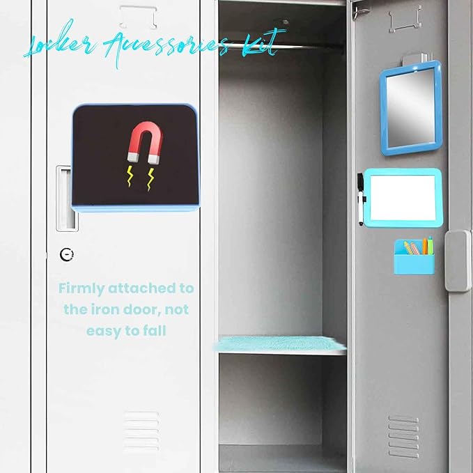 S-SNAIL-OO Locker Accessories Kit, Magnetic 57" Mirror Whiteboard With Marker & 12" Mini Rug, Blue Organizer for Girls School Office Gym Accessories Coat Lockers