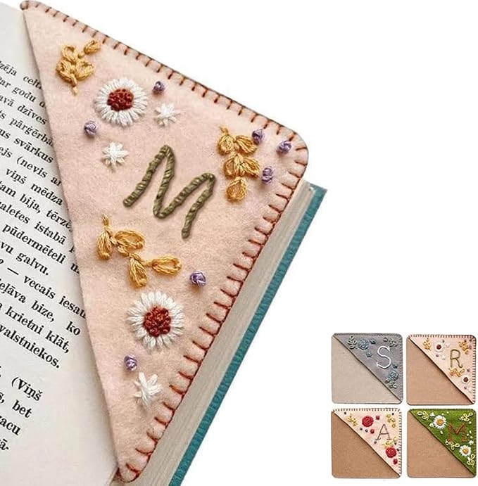 Personalized Hand Embroidered Corner Bookmark, 26 Letters Cute Flower Embroidered Corner Bookmark Embroidery Book Marker Clip for Book Lovers Bookmarks for Reading Lovers Meaningful GIF (Spring, M)