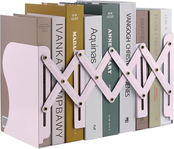 MSDADA Adjustable Bookends, Book Ends for Heavy Books, Expandable Book Organizer for Desk, Shelf, Office, School, for 6 7 8 9 10 11-15 Boys and Girls, Extends up to 19 inches (Macaron Pink)