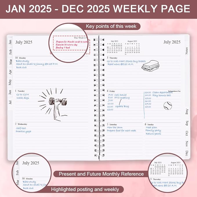 2025 Planner - Planner 2025 for Women & Men, January 2025 - December 2025, Weekly And Monthly Planner with 12 Tabs, 6.4" x 8.5", Pink
