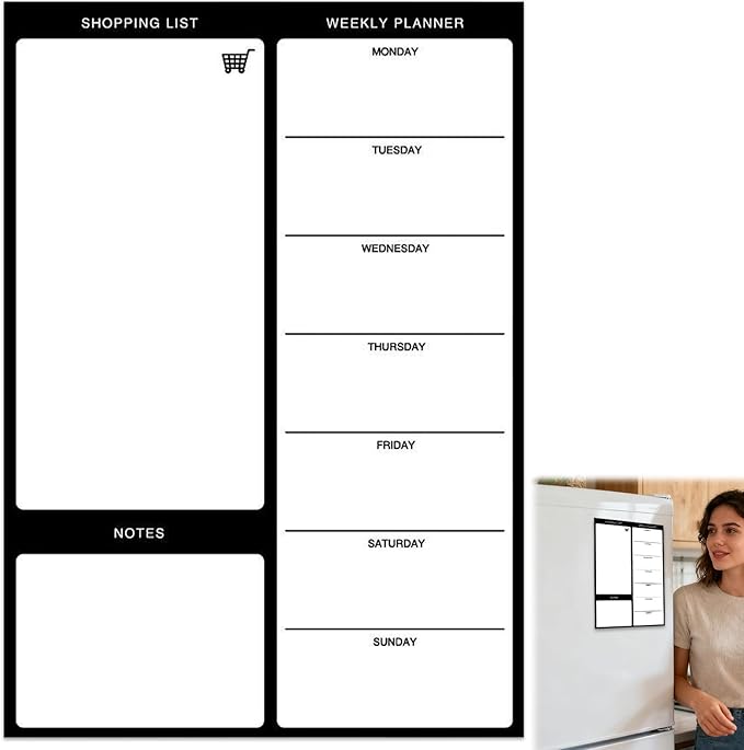 Magnetic Weekly Meal Planner for Refrigerator, 8x12'' Dry Erase Menu Board, Stain Resistant Whiteboard, Strong Magnetic Backing, Ideal for Families, Students, Roommates, Notes, Grocery Lists (B)