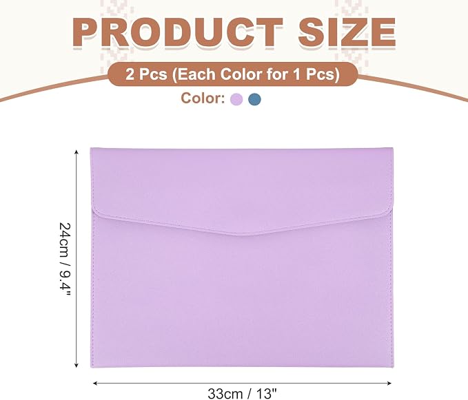 PATIKIL 2Pcs PU Leather A4 File Folder, Document Holder Envelope Waterproof Napa Texture Filing Organizer Portfolio Folder Case with Magnetic Snap for Home Office, Purple, Light Blue