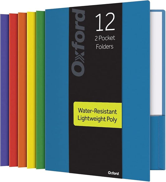 Oxford 2 Pocket Folders, Sturdy Plastic Portfolio, Folder for School and Office, 2 Pocket Paper Organizer, Letter Size, Asst. Colors, 2 Each (Blue, Green, Yellow, Orange, Red, Purple), 12 Pack (14188)