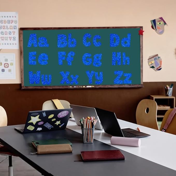 225Pcs Glitter Bulletin Board 4inch Letters with Adhesive Dots Punctuation Symbols Cutout for Classroom Numbers Alphabet School Display Decorating Supplies (Blue)