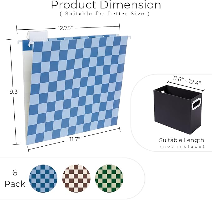 Y YOMA 6 Pack Decorative Hanging File Folders Letter Size Checkerboard Hanging Folder Pretty File Folder Organizer for Filing Cabinet Office Home with 1/5-Cut Adjustable Tabs, Classic Color