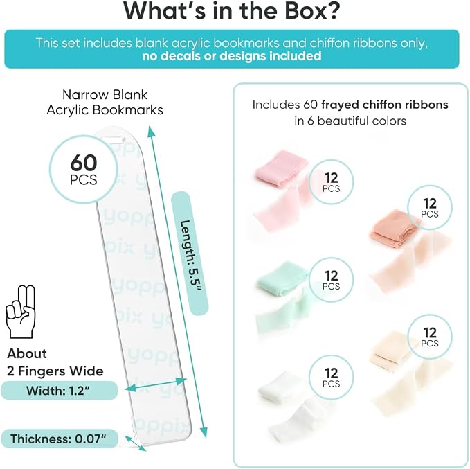 YOPPIX 60 Pieces Acrylic Bookmark Blanks- 2mm Thicken Clear Acrylic Bookmarks with 60 Pcs Ribbon for Reading Lovers DIY Crafts Presents, Graduation Back to School Presents