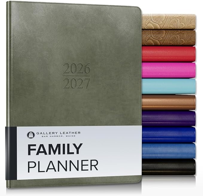 Gallery Leather Family Planner 2027, for moms, Elegantly Bound Calendar Planner and Notebook with Stylish White Page Edges, 18 Months - Acadia Cactus - 9x7"
