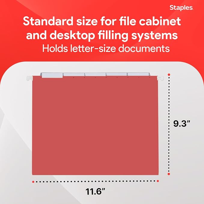 Staples Hanging File Folders, Letter Size, Red, 1/5‑Cut Tabs, Tear‑Resistant Durable Construction – 25/Pack