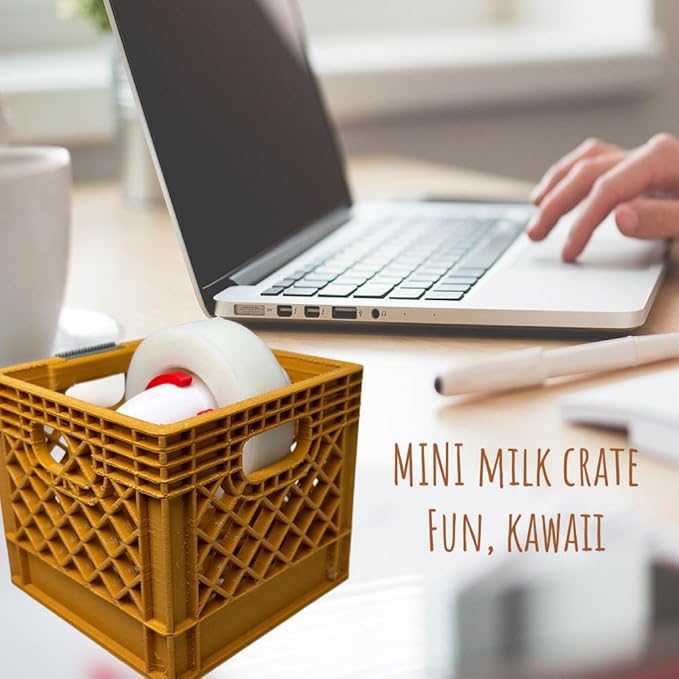 Mini Milk Crate Tape Dispenser - Cute Desk Accessories - Fun Office Supplies- Unique Unusual Desktop Organizer - Useful Novelty Practical Coworker Gag Gifts Vintage Decor Accents (Ochre Yellow)