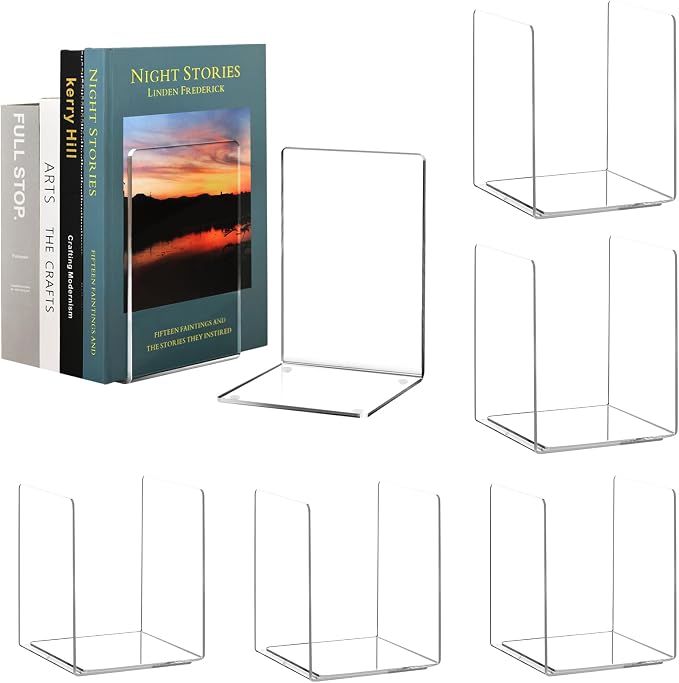 HappyHapi Acrylic Bookends for Shelves, 12 Pcs Clear Book Ends for Heavy Books, Decorative Book Holder for Home Library Office, 5 x 5 x 7.3 inch，6 Pair
