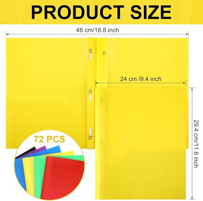 Cholemy 72 Packs Pocket Folders with Prongs Heavy Duty Plastic Folder with Business Card Slot 3 Prong Fasteners for School Office (Stylish)