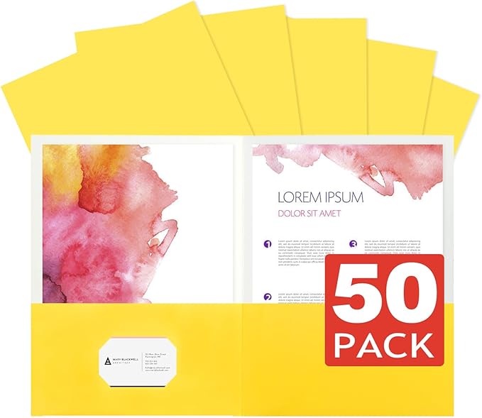 pmybupo 50Pcs Yellow with Pockets-2 Pocket Folders for Documents,Cute Paper Folders for Filing Cabinet,School,Office,Resume Portfolio