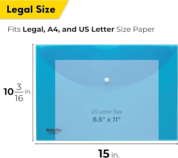 FLEXOFFICE 24 Pack Plastic Envelopes with Snap Closure, Legal Size, 15"x10.2", 6 Assorted Colors, File Folders for A4 Size, Letter Documents for Business, School, Home