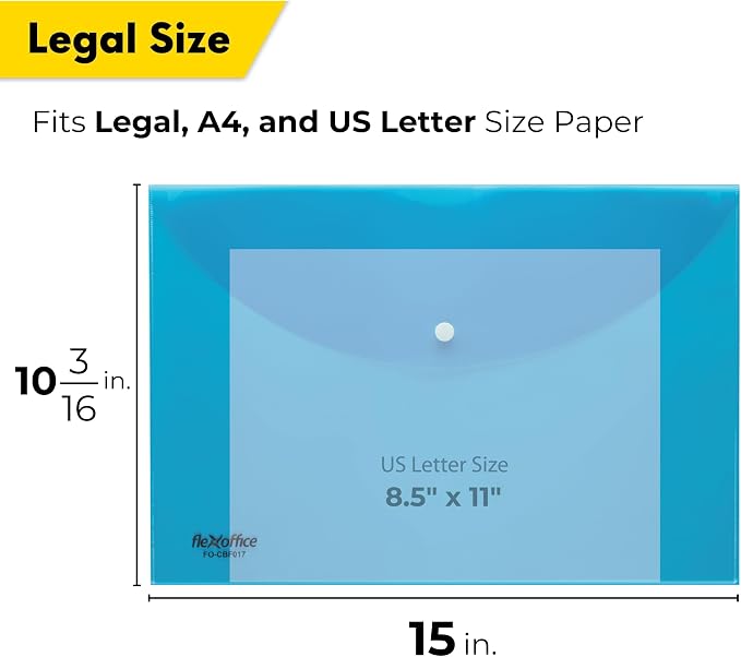 FLEXOFFICE 36 Pack Plastic Envelopes with Snap Closure, Legal Size, 15"x10.2", 6 Assorted Colors, File Folders for A4 Size, Letter Documents for Business, School, Home