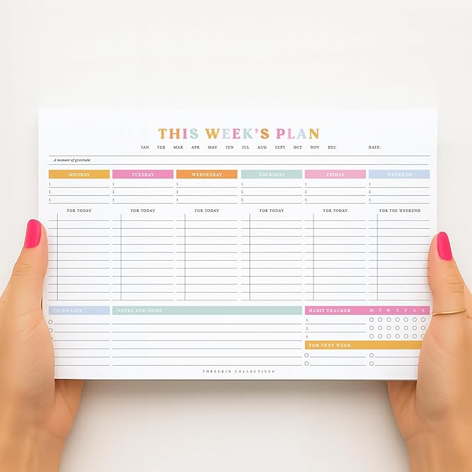 ThreeKin Weekly Planner - Premium 52-Sheet Tear-Off Notepad, 6 x 9 inches, Clean Colorful Design, Perfect for Work, School, Projects, and Entrepreneurs, Female & USA Owned Business