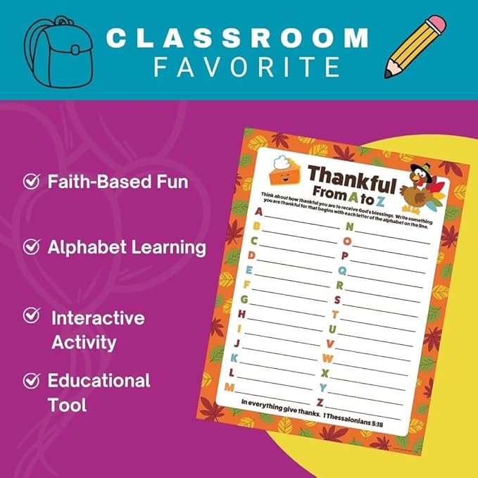 Religious Multicolor "Thankful From A to Z" Paper Activity Sheets - 8.5" x 11" (Pack of 24) - Ideal for Sunday School, Church Events, and Thanksgiving Activities