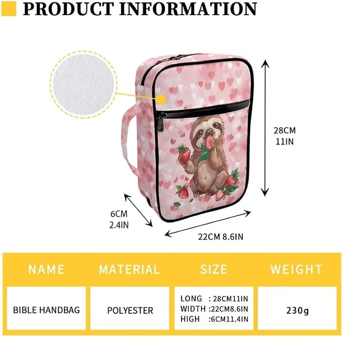 Coldinair Sloth with Strawberry Bible Cover for Women Teens Kid Girls,Carrying Book Case Church Bag Bible Holder with Handle and Zippered Pocket