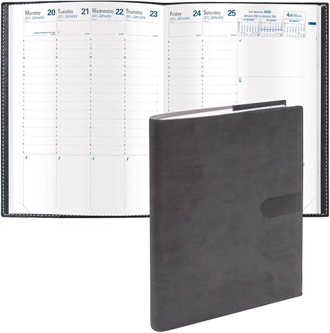 Quo Vadis 2026 Trinote - Weekly Planner - 13 Months, Dec. to Dec. - 7 x 9 3/8" - Smooth Faux Suede Texas Charcoal Black Cover - Productivity Appointment Planner