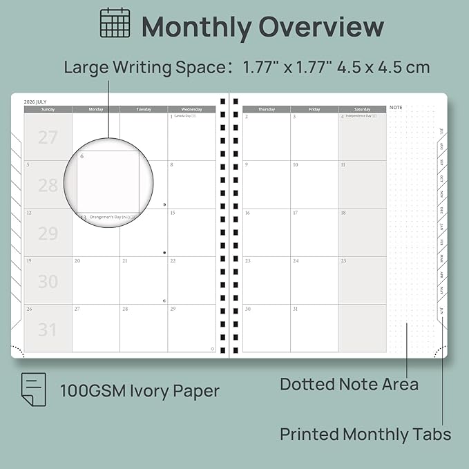 POPRUN Weekly Planner 2026-2027 (July 26-June 27), Large-8.5" x 10.5", Academic Agenda 2026-2027 Calendar Notebook Planner for School, College, Spiral Leather Softcover, 100GSM - Petrol Green