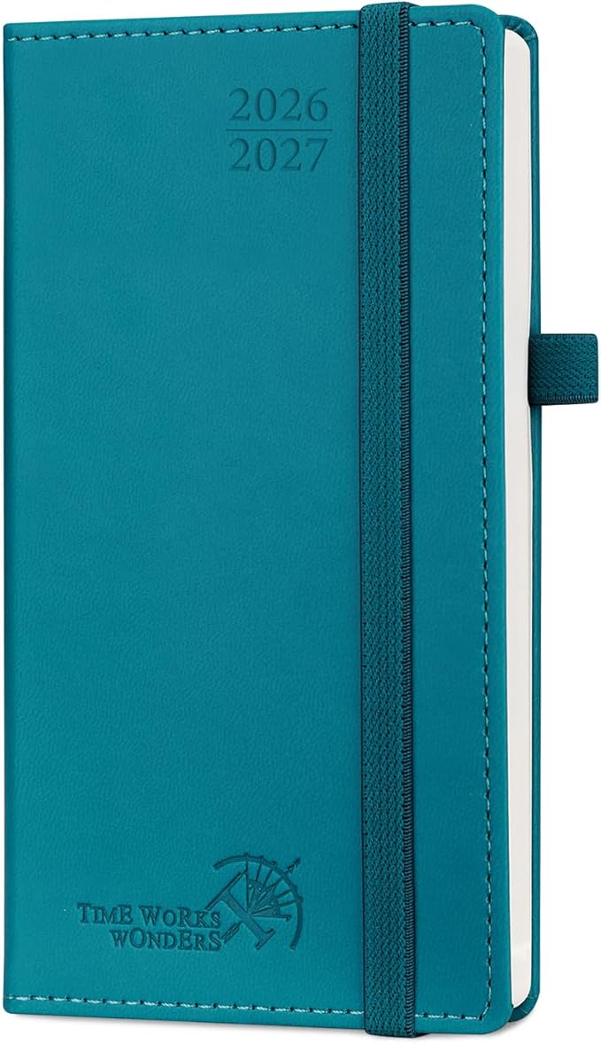 POPRUN Pocket Planner 2026-2027, Slim Size-3.5" x 6.5", 17 Month (Aug 2026 - Dec 2027) Academic Pocket Calendar for Purse, Small Weekly Appointment Book with Vegan Leather Hardcover - Pacific Green