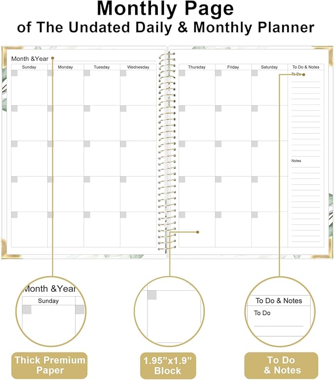 Undated Daily Monthly Planner for 2026 or Anytime - A4 To Do List with Hourly Schedule, Hardcover Spiral Bound Daily Planner to Increase Focus, Stylish School/Office Supplies, 8.5" x 11", Green Leaf