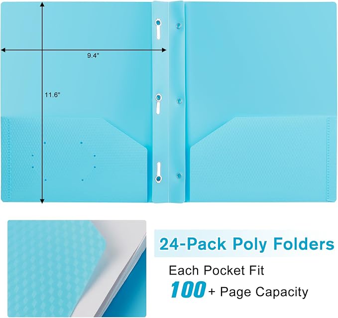 24-Pack Plastic andPockets and Prongs,2-Pocket and3 Fasteners, Pastel Folders Holds 8-1/2" x 11" Paper for School/Office/Home, Blue