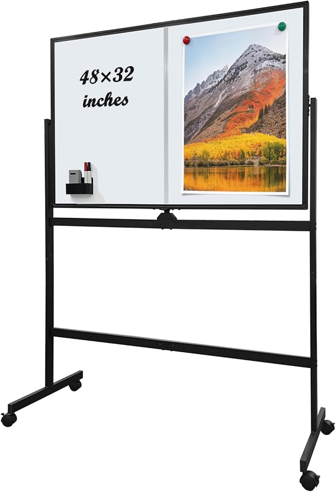 Mobile Whiteboard 48” × 32” with Rolling Stand, Double Sided Dry Erase Board on Wheels, Adjustable Height & 360° Rotation, White Frame for Office Classroom Home