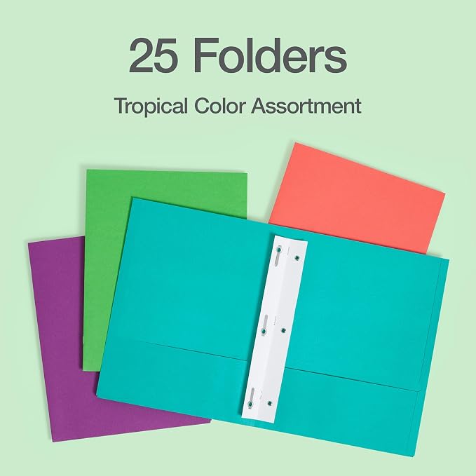 Oxford 2 Pocket Folders with Prongs, 25 Pack, Assorted Tropical Colors, Made in the USA, Fits 100 Letter Size (8.5" x 11") Sheets, Durable Paper Folders for School, Office, and Home