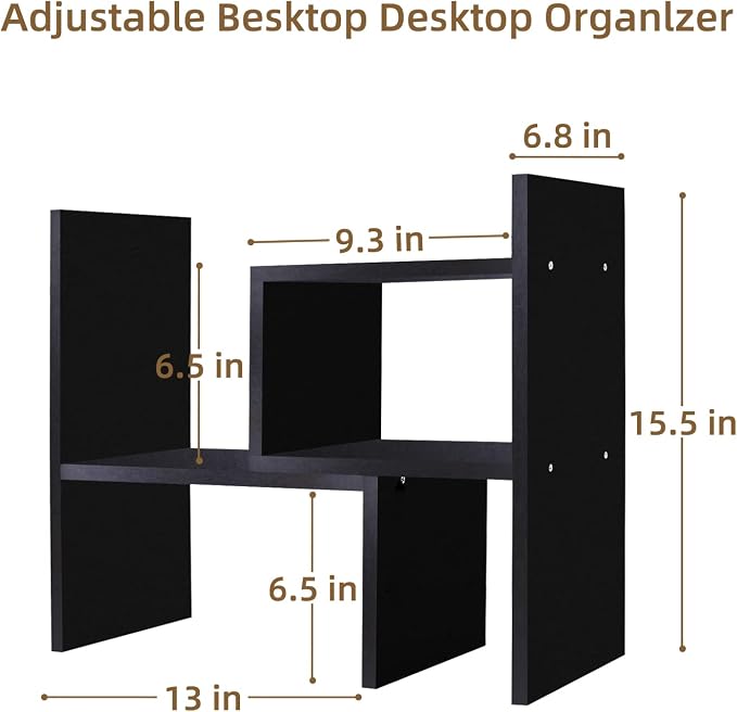 TY ARTS & CULTURE - Expandable Wood Desktop Storage Organizer Multipurpose Desk Bookshelf Case Display Shelf Rack Counter Top Bookcase for Office Home | Black