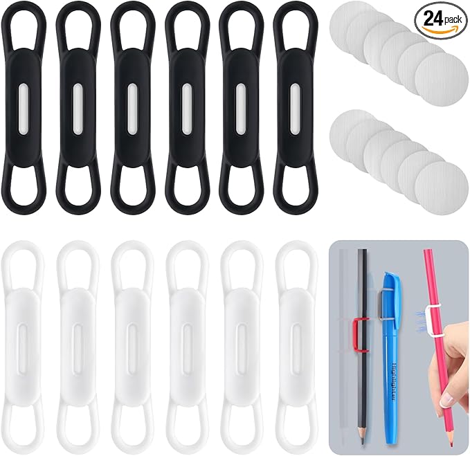 24 Pack Magnetic Pen Holder for Refrigerator- Silicone Magnetic Pencil magnetic pen holder -Suitable for Refrigerator,Whiteboard, Metal Shelf, StandDesk Accessories & Teacher Supplies（black and white)