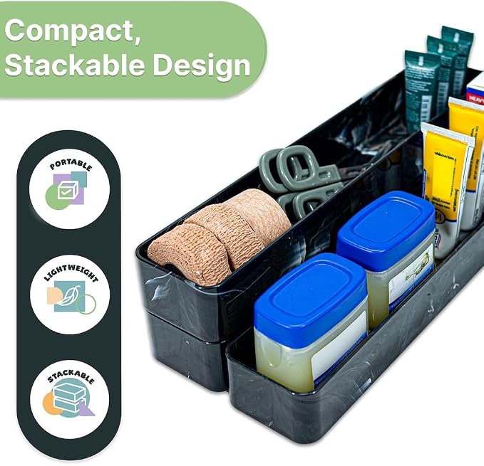 Best Kept | Pantry Organizer | Plastic | Shower Shelves | Makeup Brush Organizers | 3-Piece Dark Grey Marble Trays