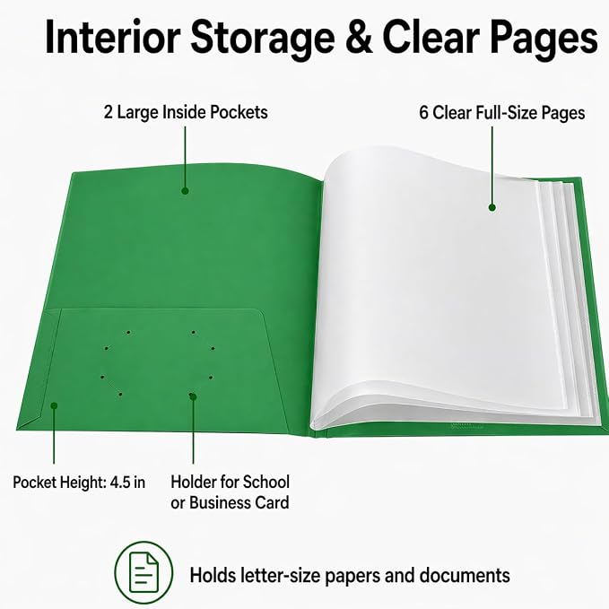 Ultra PRO - 50 Pack Green Heavy Duty 2-Pocket Folders with 6 Clear Internal Pages, Waterproof Poly Project Organizer for School and Office, Fits 8.5 x 11 Letter Size, Customizable Clear Covers