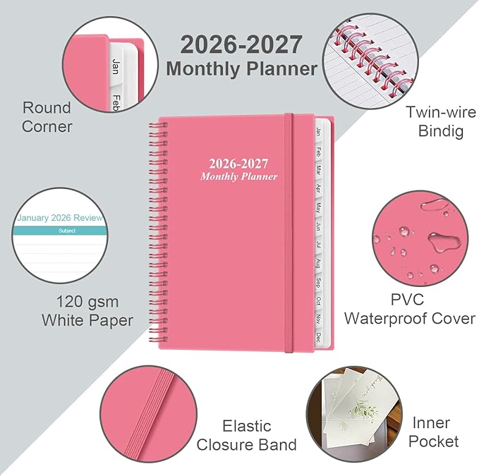 2026-2027 Monthly Planner - January 2026 - June 2027, Two Pages Per Month, 18 Monthly Calendar/Planner with Tabs, Inner Pocket, 6.4" x 8.5", Pink