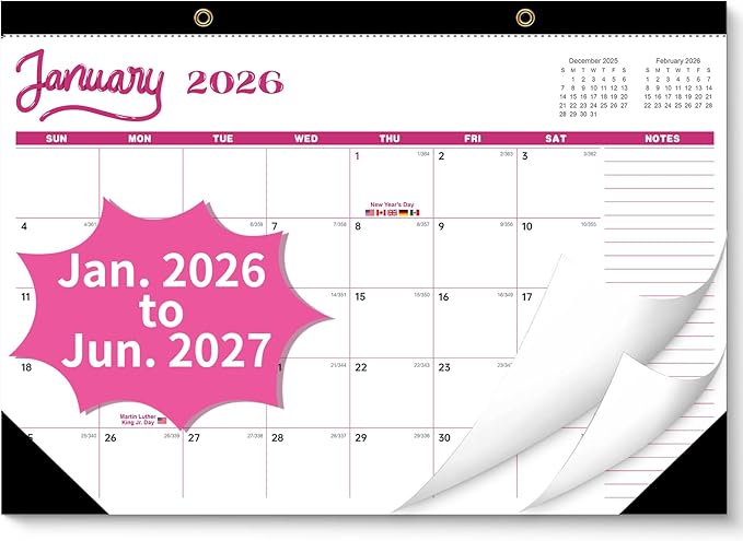 Desk Calendar 2026, Wall Calendar 2026-2027 Large Size 17" X 12" Covers January 2026 to June 2027, Pink Cute Desktop Monthly Calendar for Home Classroom School or Teacher Gifts & Office Supplies