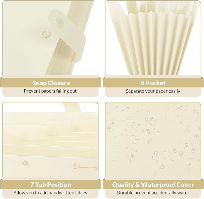 SKYDUE Expanding File Folder, Accordion File Organizer with 8 Pockets, Expandable Document Paper Receipt Holder for School Office Hospital, Letter/A4 Size Beige