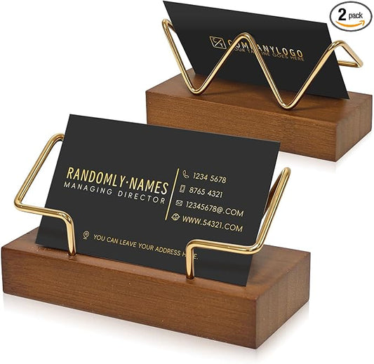 2 Pack Wood Business Card Holder for Desk, Wooden Business Name Card Display Stand Postcard Holder for Office Home Desktop,Desk Accessory Business Name Card Organizer(Walnut Color, Golden)