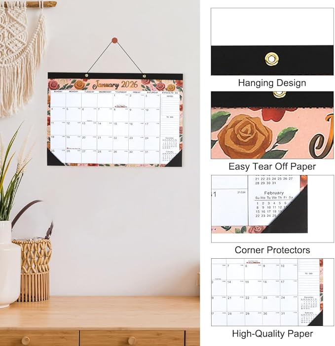 Desk Calendar 2026, Wall Calendars 2026-2027, 18 Month Calendar Runs from Jan 2026 - Jun 2027, 17" x 12" Large Flower Wall Calendars Desktop Monthly Planner for Home Office Teacher School Supplies