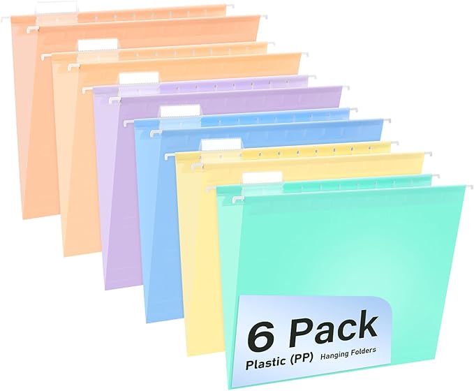Plastic Hanging File Folders, 6 Pack Pastel Hanging Folders，Letter Size with 1/5-Cut Tabs, Strong for Bulk Files, Documents and Paper, Office & Home Filing