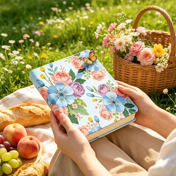 Blue and Pink Flowers Patern Stretchable Book Cover 15.7"x9.8", Elastic Washable Book Protector for Hardcover Textbooks Paperbacks, Reusable Polyester Book Sleeve for Women