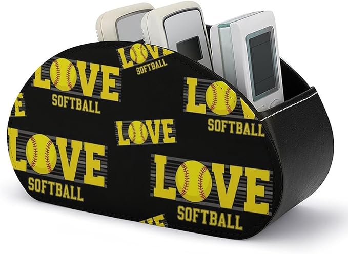 Remote Control Storage Box with 5 Compartments, PU Leather Organizer for Media Players, TV Remotes, and Office Desk, Love Sports Softball
