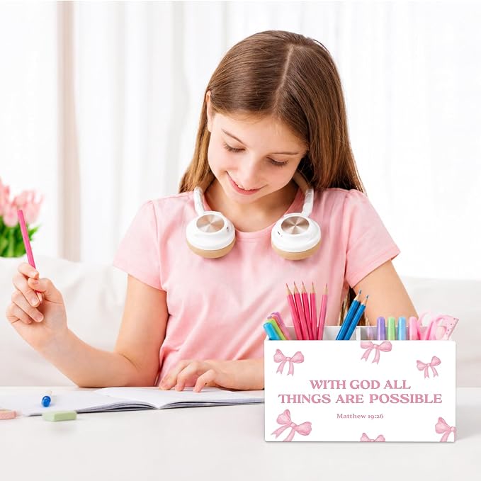 Christian Pen Pencil Holder for Desk Pink Bow Christian Gifts for Women Girls, Preppy Bible Verse Pencil Holders Wooden Box Organizer for Girls Room Bedroom Dorm Desk Tabletop
