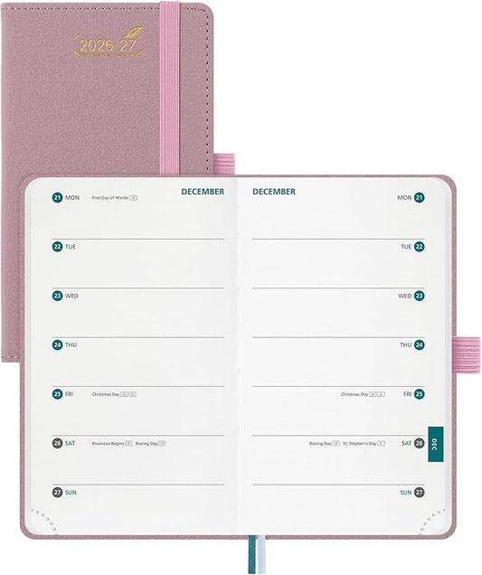 BEZEND 2026-2027 Pocket Planner, 18 Month Weekly & Monthly (3.5"x 6") 2-Column Dual Schedule Academic Agenda (Jul 26-Dec 27) for Students, Work, Home or 2 Person, PU Leather Hardcover - Pink