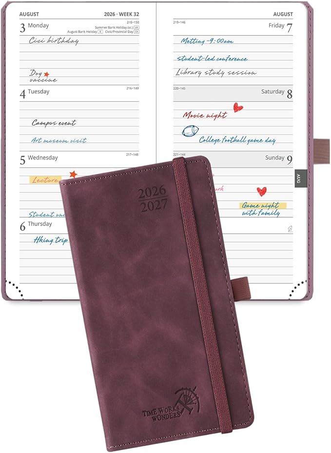 POPRUN 2026-2027 Pocket Weekly Planner for Purse, 3.5" x 6.5" Slim Size, Small Calendar from August 2026 to December 2027, Hardcover Appointment Book with Horizontal Layout, Monthly Calendar, 70 GSM Paper - Claret