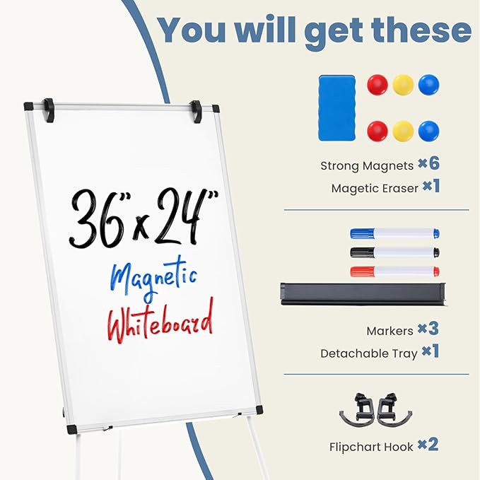 DUMOS Whiteboard Easel 36 x 24 Inches, Magnetic White Board Dry Erase, Porbable Boards Height Adjustable, Dry Erase Board with Stand for School, Office and Home, Silver Aluminium Frame, White