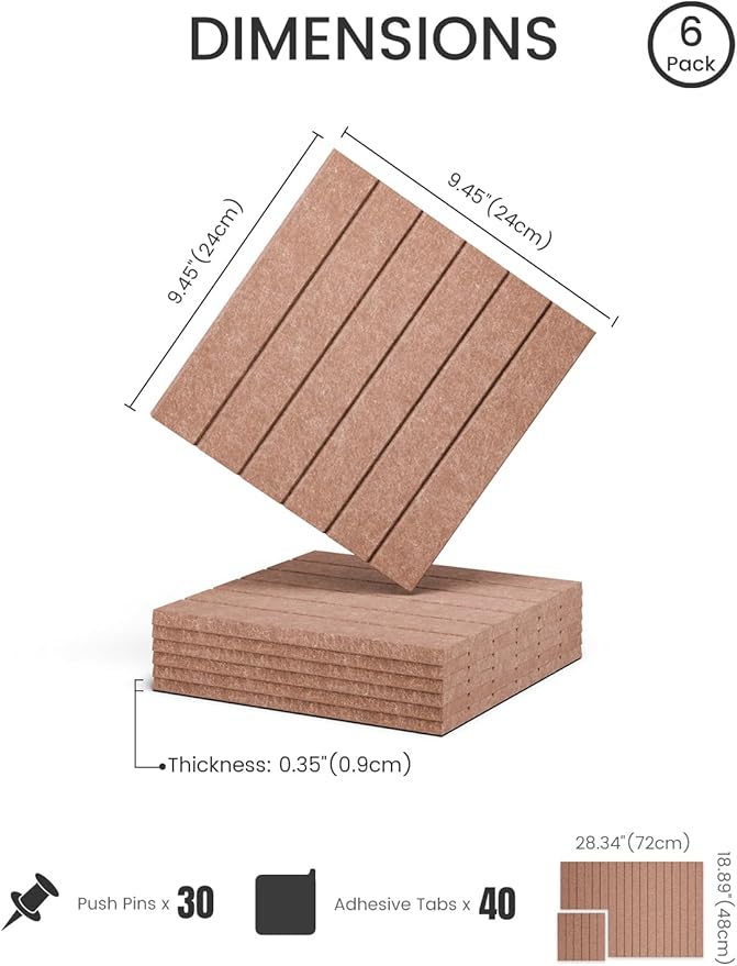 Felt Bulletin Board Tiles -28"x18" with 40 Adhesive Tabs, Cork Board Alternative for Office Decor, Push Pin Board Wall Organizer 6-Pack (Terracotta)