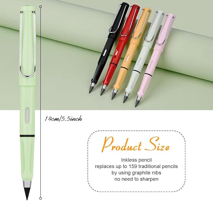 Ainiv Inkless Pencil with Eraser, 5 Sets Infinity Pencil Everlasting Pencil, Reusable Infinite Pencil with Extra 5 Eraser & 5 Replaceable Nibs, Endless Pencil for Home Office School Writing Drawing