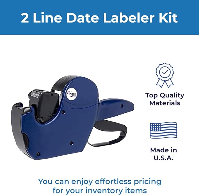 Perco Pro 2-Line Date Gun with Labels Kit - Includes 2-Line 16-Characters Date Labeler Gun, 10,500 Blank White Labels, a Label Scraper & a Pre-Loaded Ink Roll Bundled with Perco Labeler Gun Clip