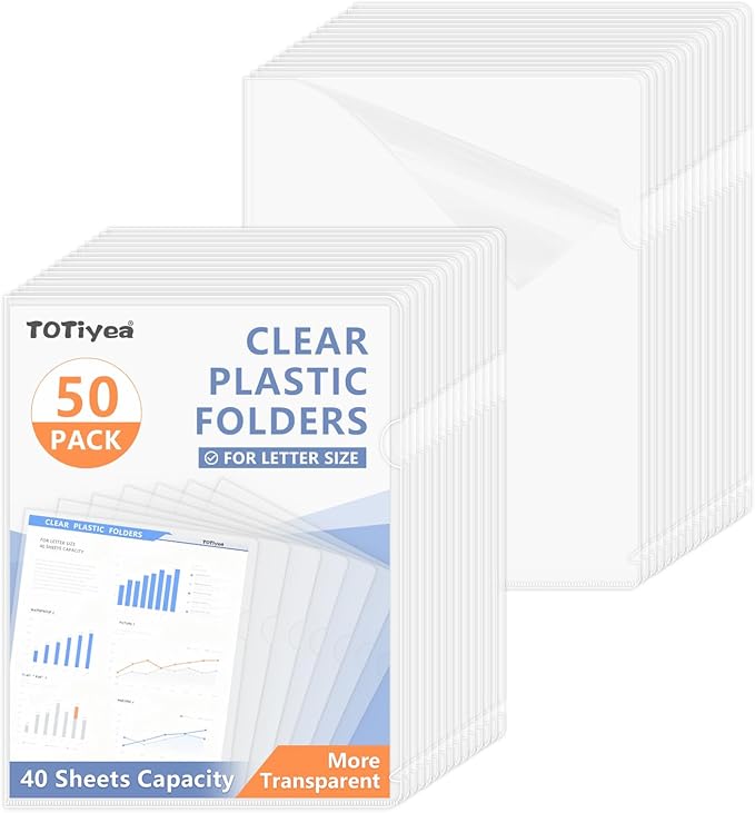 TOTiyea 50 Pack Clear Folder, 7Mil Plastic L-Type Folders, Clear Copy Safe Project Pocket, Fits Letter Size 8.5x11 Paper, Transparent