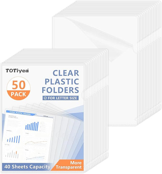 TOTiyea 50 Pack Clear Folder, 7Mil Plastic L-Type Folders, Clear Copy Safe Project Pocket, Fits Letter Size 8.5x11 Paper, Transparent