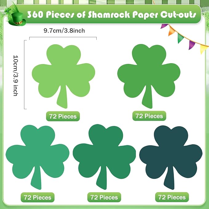 MixTeach 360 Pcs St. Patrick's Day Shamrocks Cutouts 4 Inch Paper Clover Cut-Outs Assorted Green Clover Shape Die Cuts for Irish St. Patrick's Day Party Kids School Craft Project Bulletin Board Decor